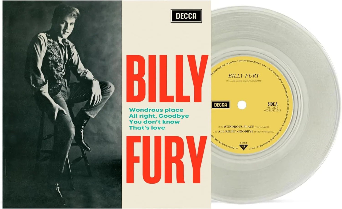 Billy Fury - Wondrous Place 7" Single Clear Vinyl - 4 - LP - Orchard Records