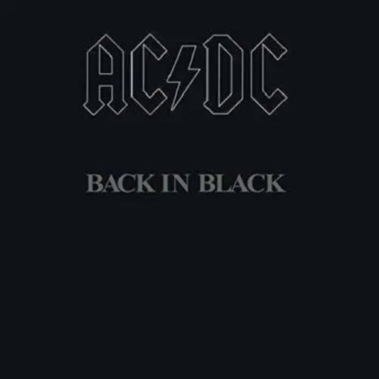 AC/DC Back in Black album cover with iconic rock imagery and gold vinyl