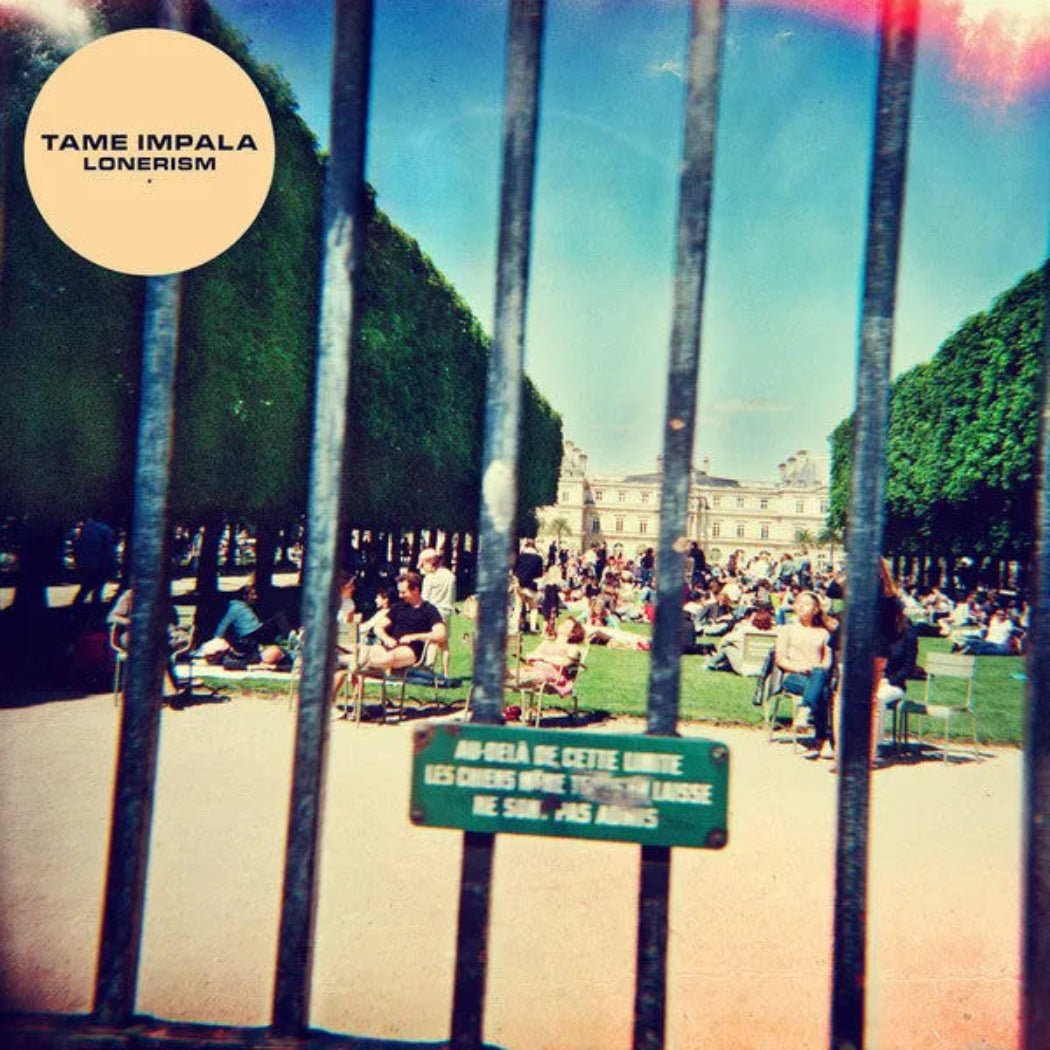 Tame Impala Lonerism CD album cover featuring park gate and crowd artwork