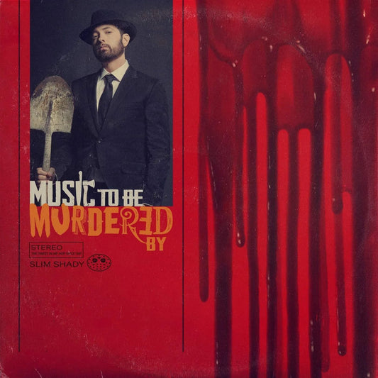 Eminem Music To Be Murdered By album cover with red background and hatchet pose