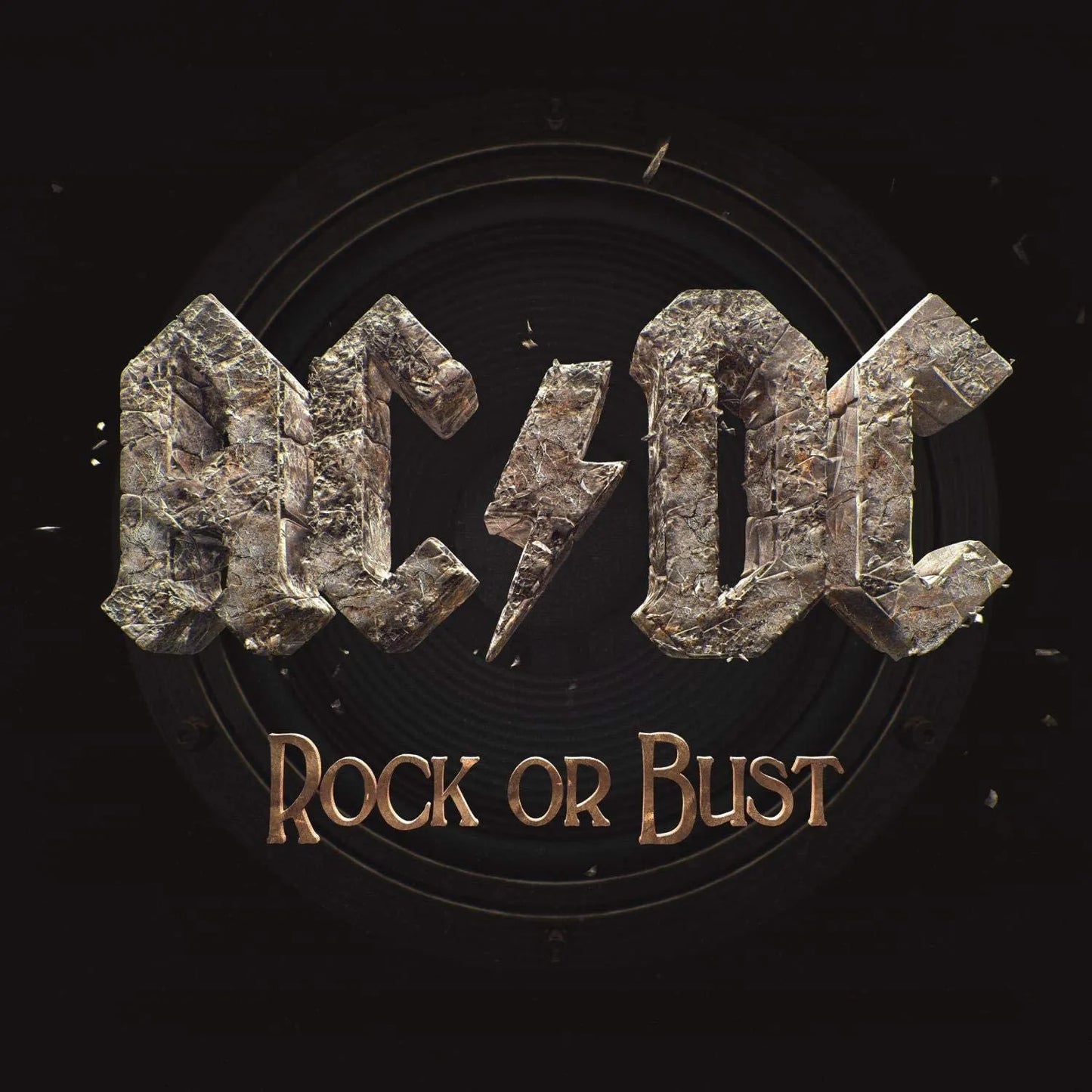 AC/DC Rock or Bust gold vinyl LP with AC/DC 50 artwork anniversary print