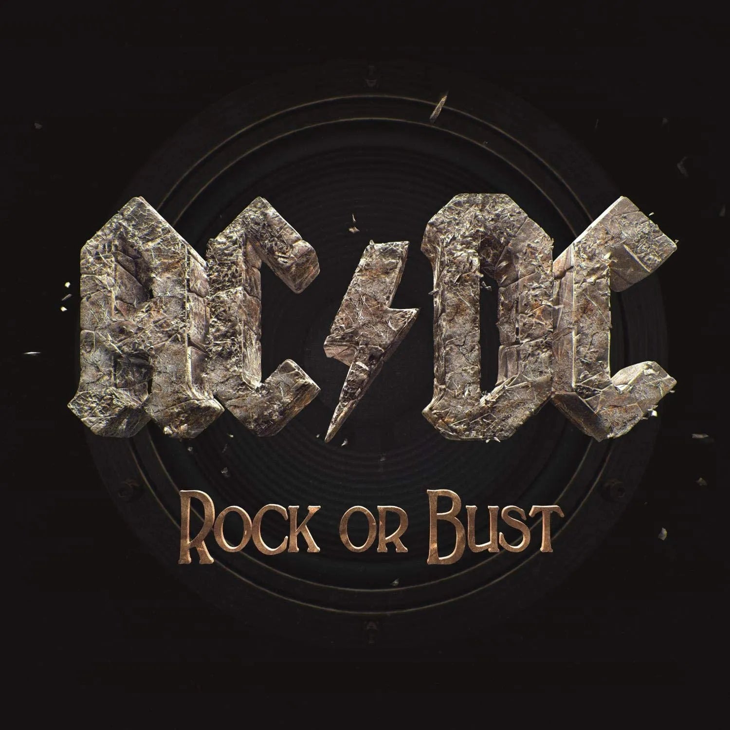 AC/DC Rock or Bust gold vinyl LP with AC/DC 50 artwork anniversary print