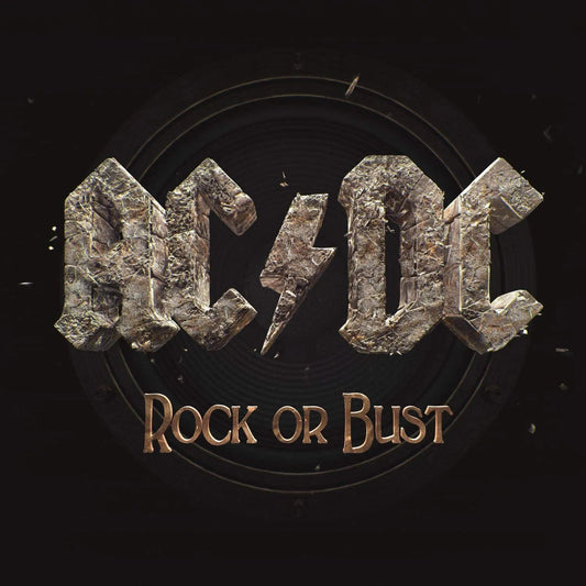 AC/DC Rock or Bust gold vinyl LP with AC/DC 50 artwork anniversary print