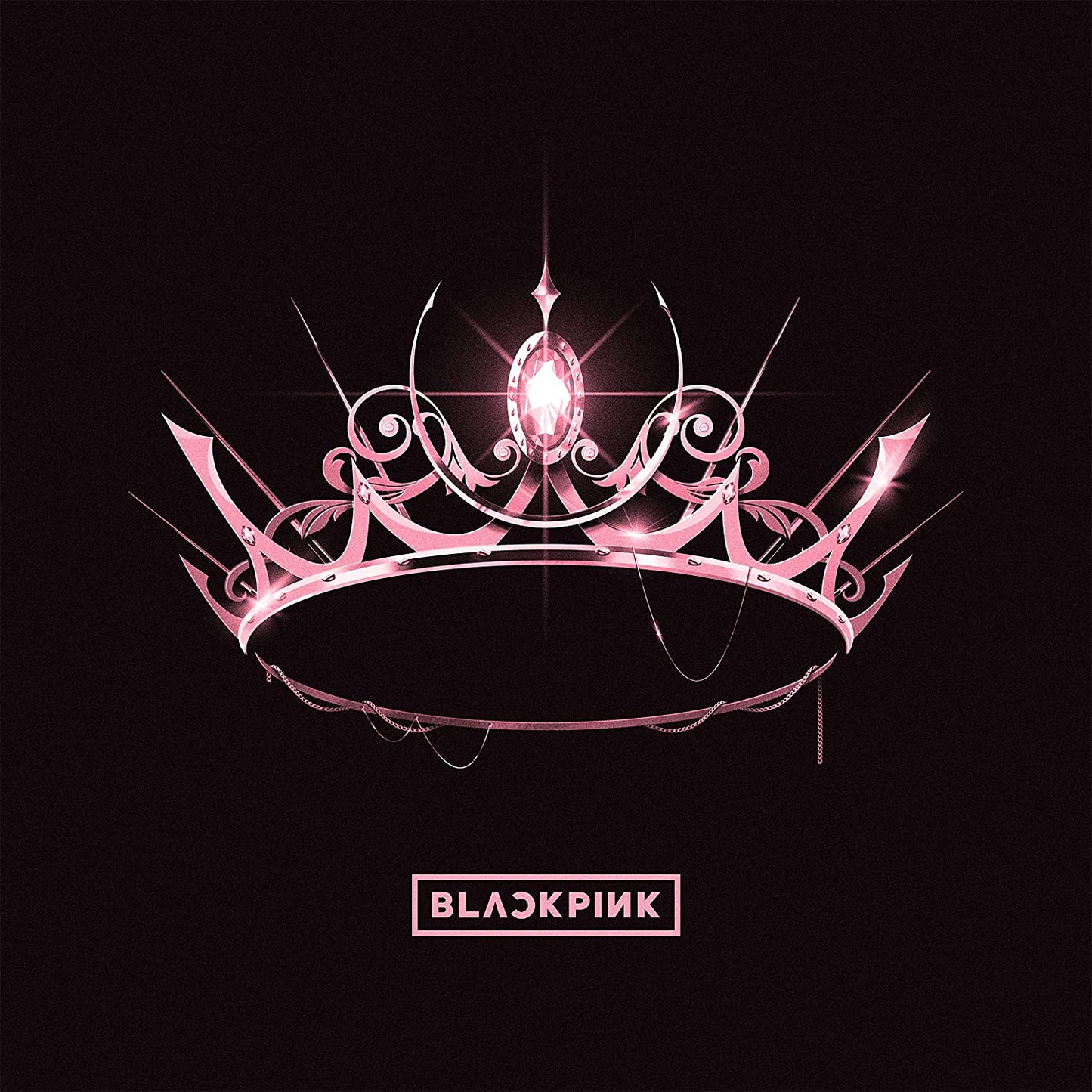 BLACKPINK album cover with elegant pink crown graphic on a dark backdrop
