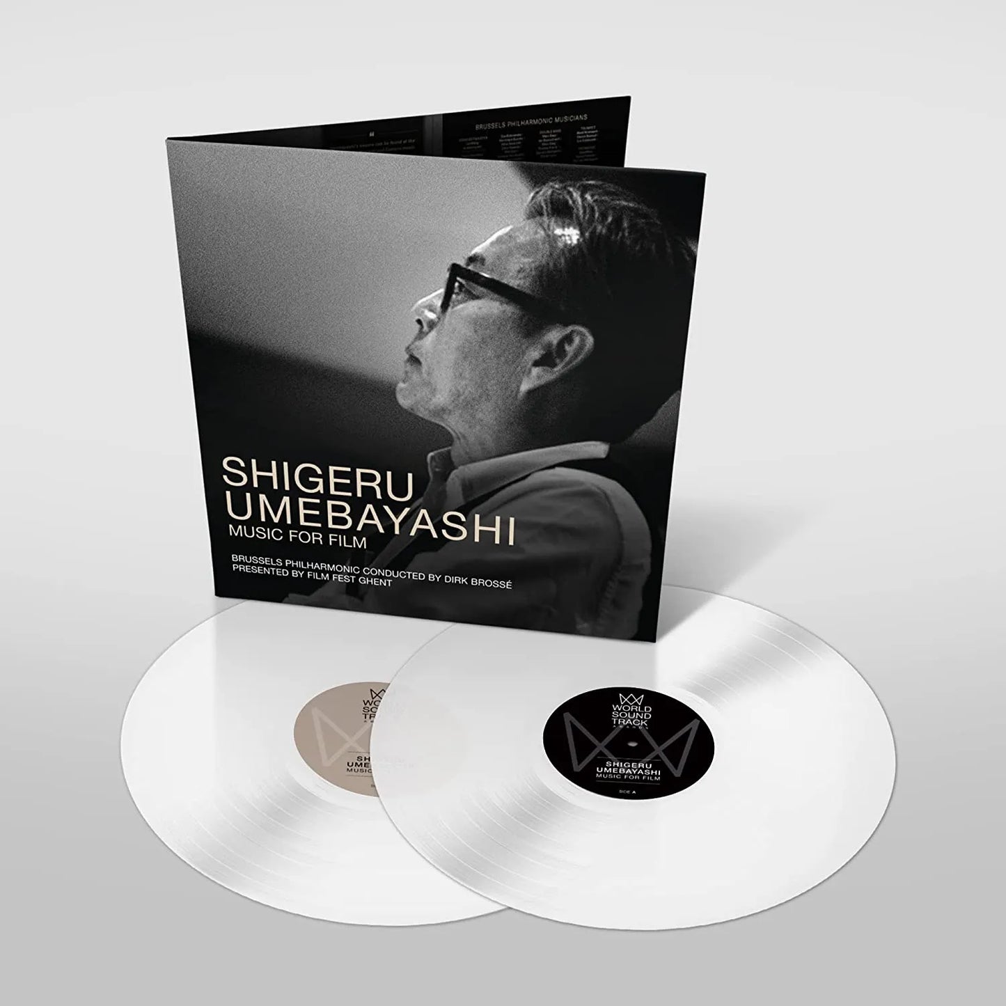White vinyl LPs from Shigeru Umebayashi’s Music For Film set beside gatefold sleeve