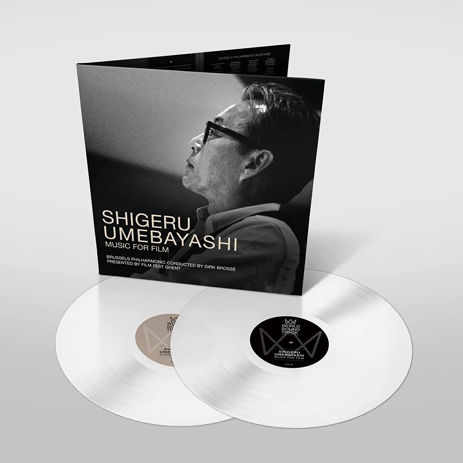White vinyl LPs from Shigeru Umebayashi’s Music For Film set beside gatefold sleeve