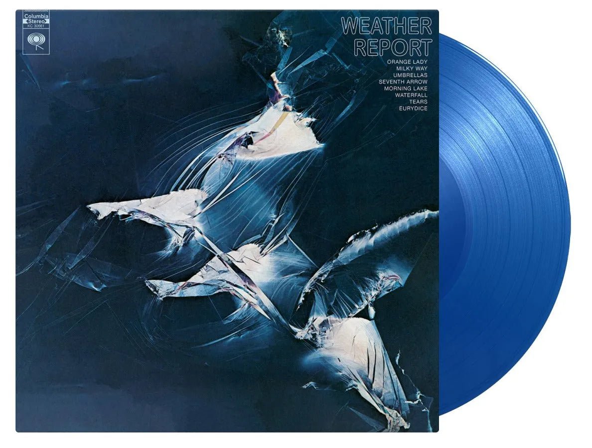 Close-up of Weather Report limited blue coloured vinyl record