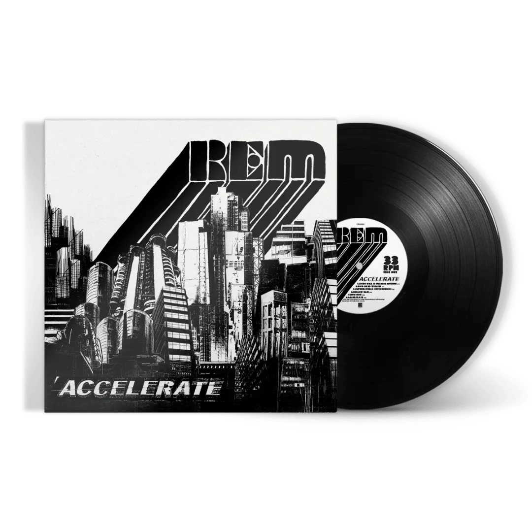 Inside view of R.E.M. Accelerate LP with printed insert.