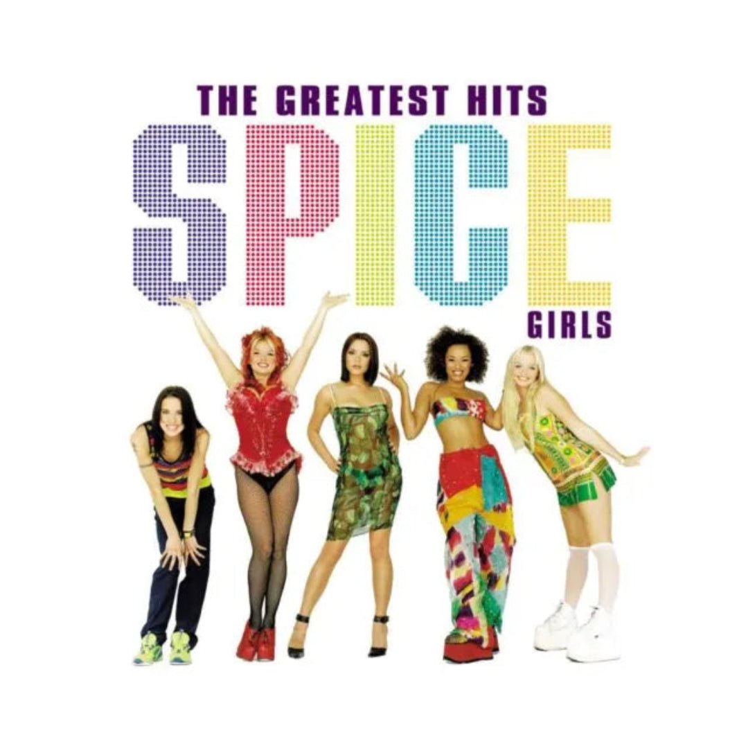 Front cover of Spice Girls’ Greatest Hits LP featuring group portraits and bold pop styling.