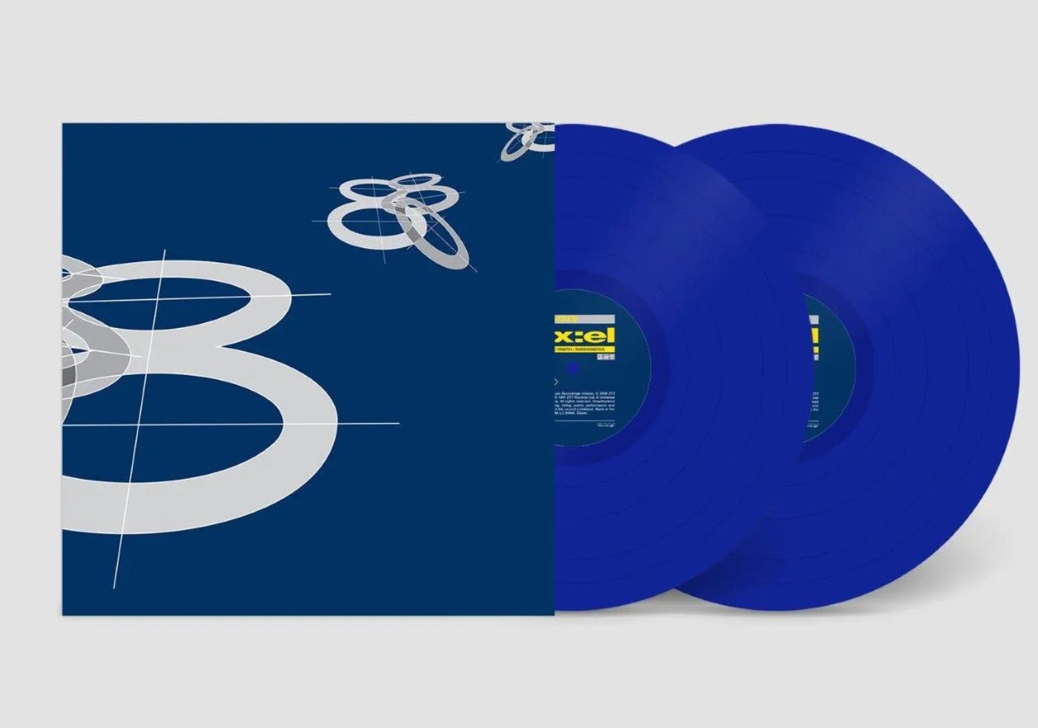 Blue 140-gram vinyl pressing of 808 State’s ex:el with custom centre labels.