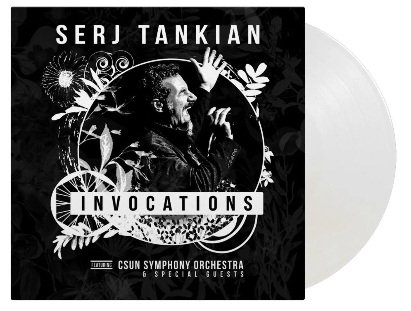 Close-up of Serj Tankian Invocations white coloured vinyl record