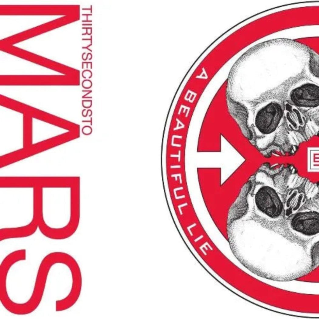Cover art of 30 Seconds To Mars – A Beautiful Lie album with black and white abstract design