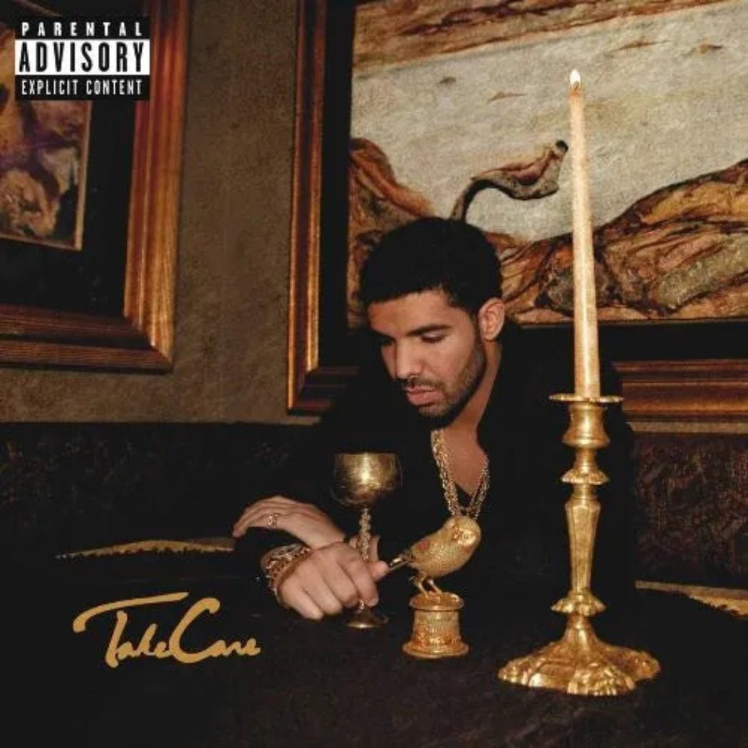 Front cover of Drake – Take Care  CD featuring gold statue artwork.