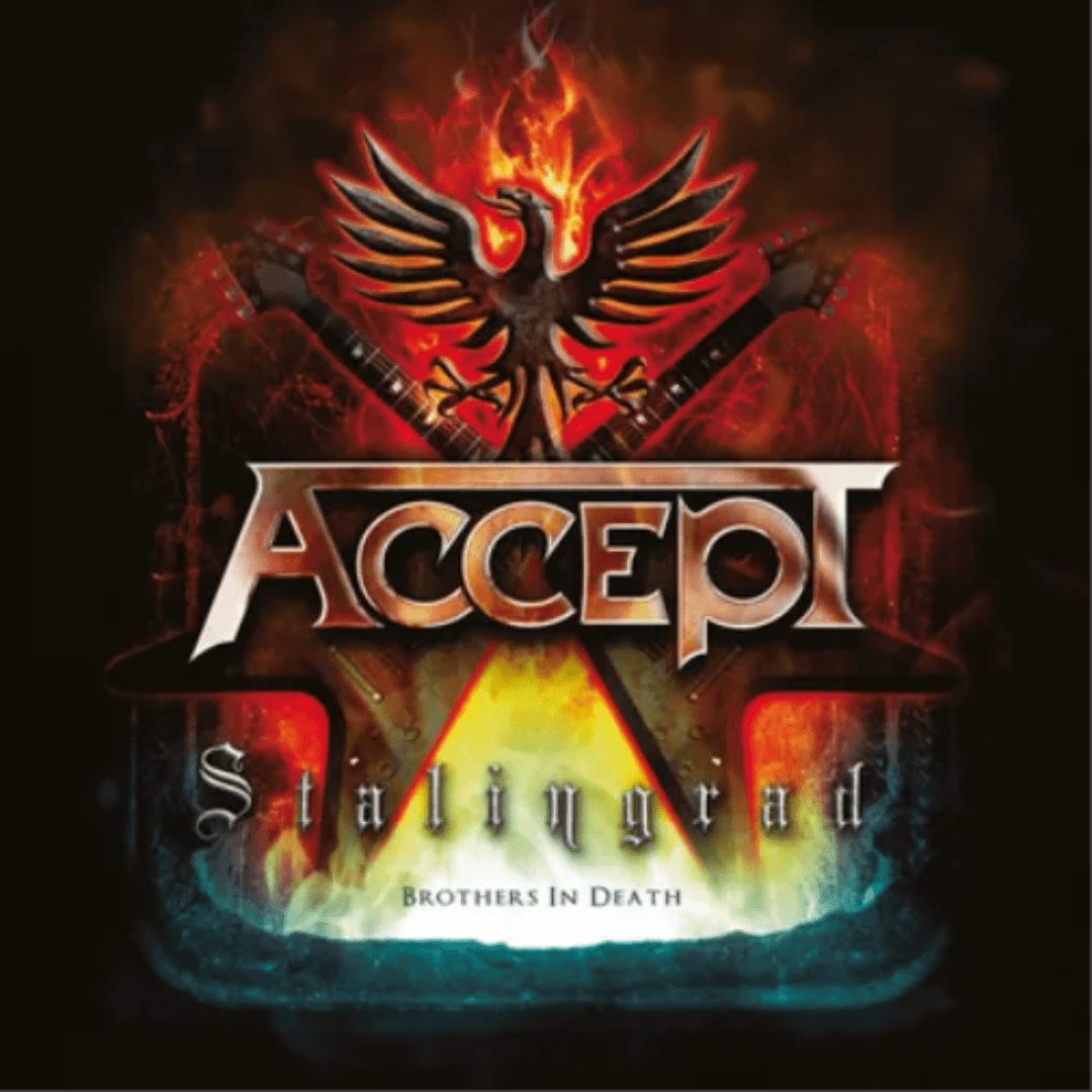 Accept Stalingrad cover with bold war-inspired heavy metal illustration