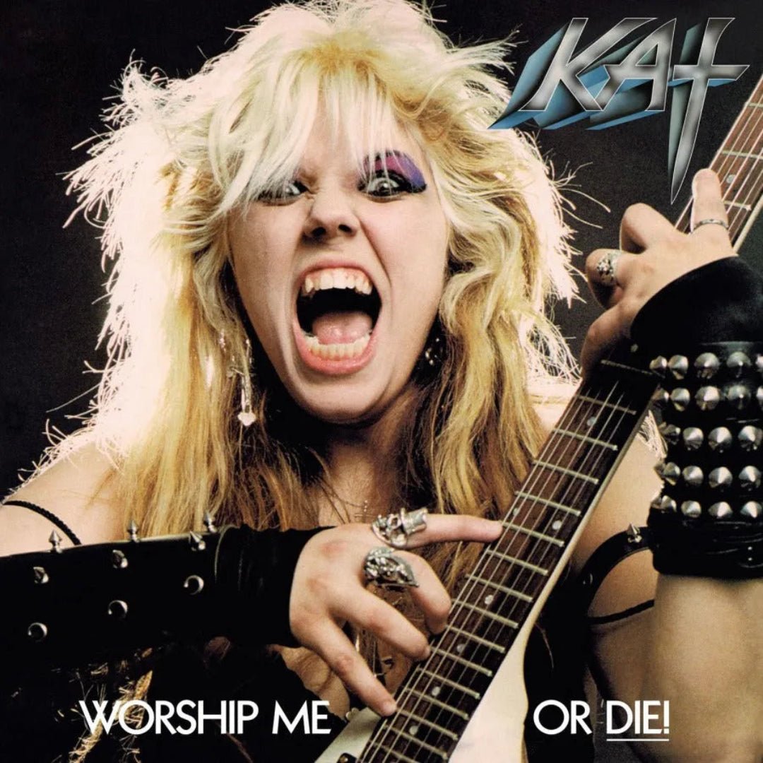 The Great Kat Worship Me or Die! silver vinyl album cover with bold artwork