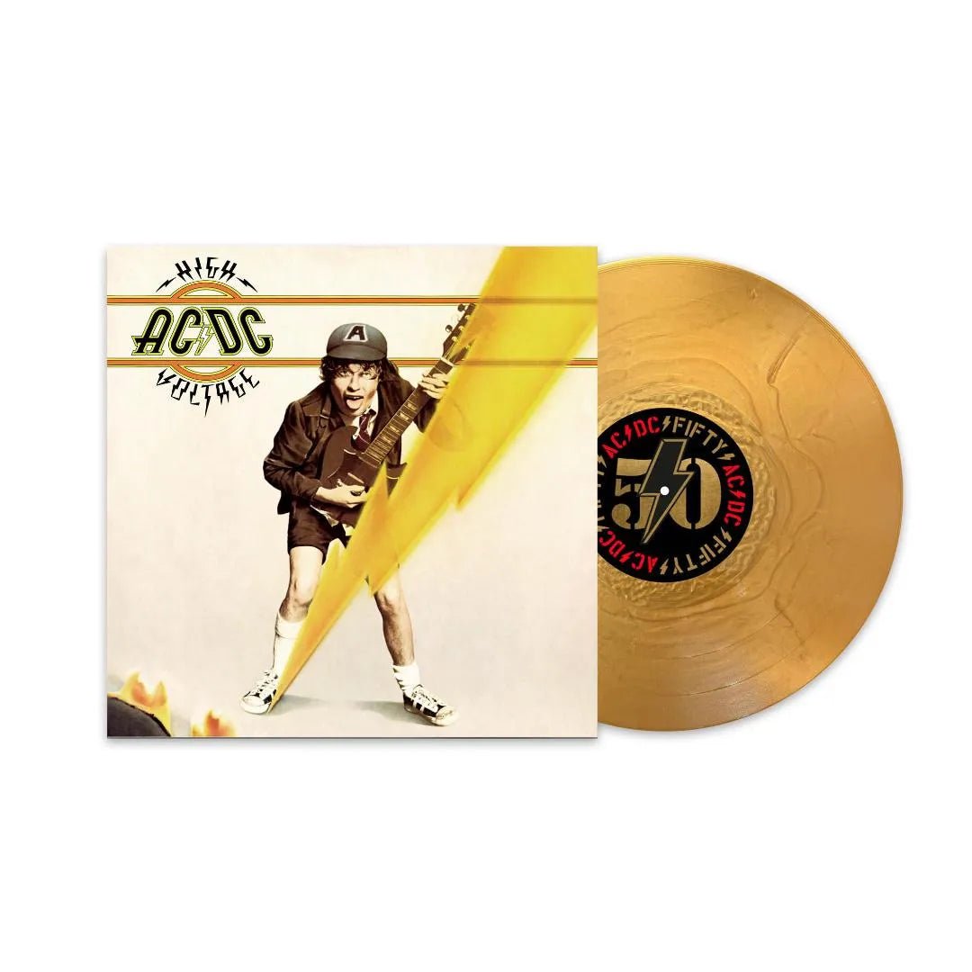 High Voltage album cover on gold vinyl featuring Bon Scott and Angus Young