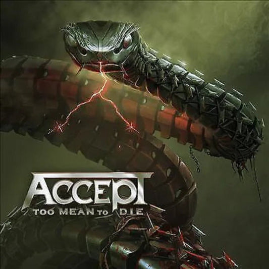 Accept Too Mean To Die cover with bold warrior illustration and metallic lettering