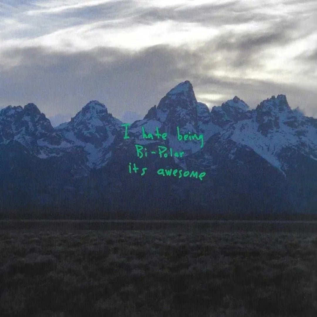Kanye West Ye album cover with Jackson Hole mountains and handwritten green text.