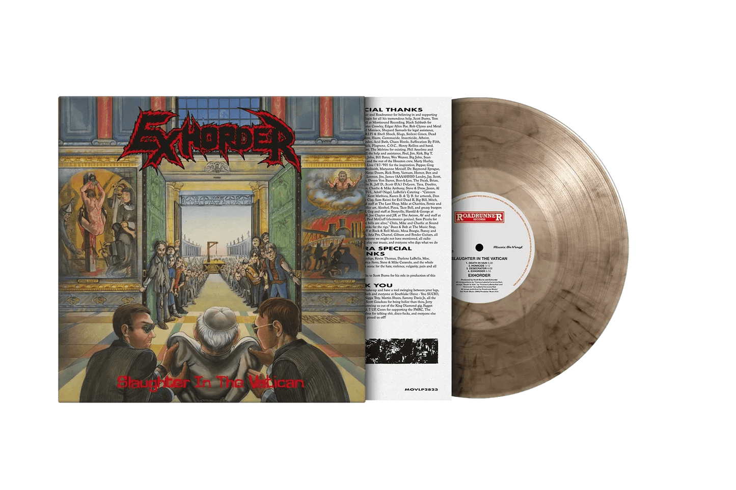 Limited marbled vinyl of Exhorder’s 1990 debut album Slaughter in the Vatican