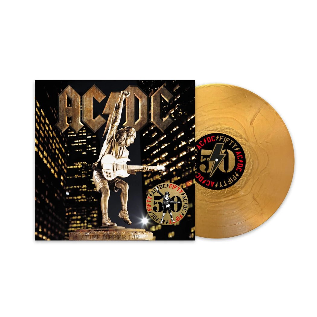 Limited gold vinyl of AC/DC Stiff Upper Lip with 12x12 AC/DC 50 art print