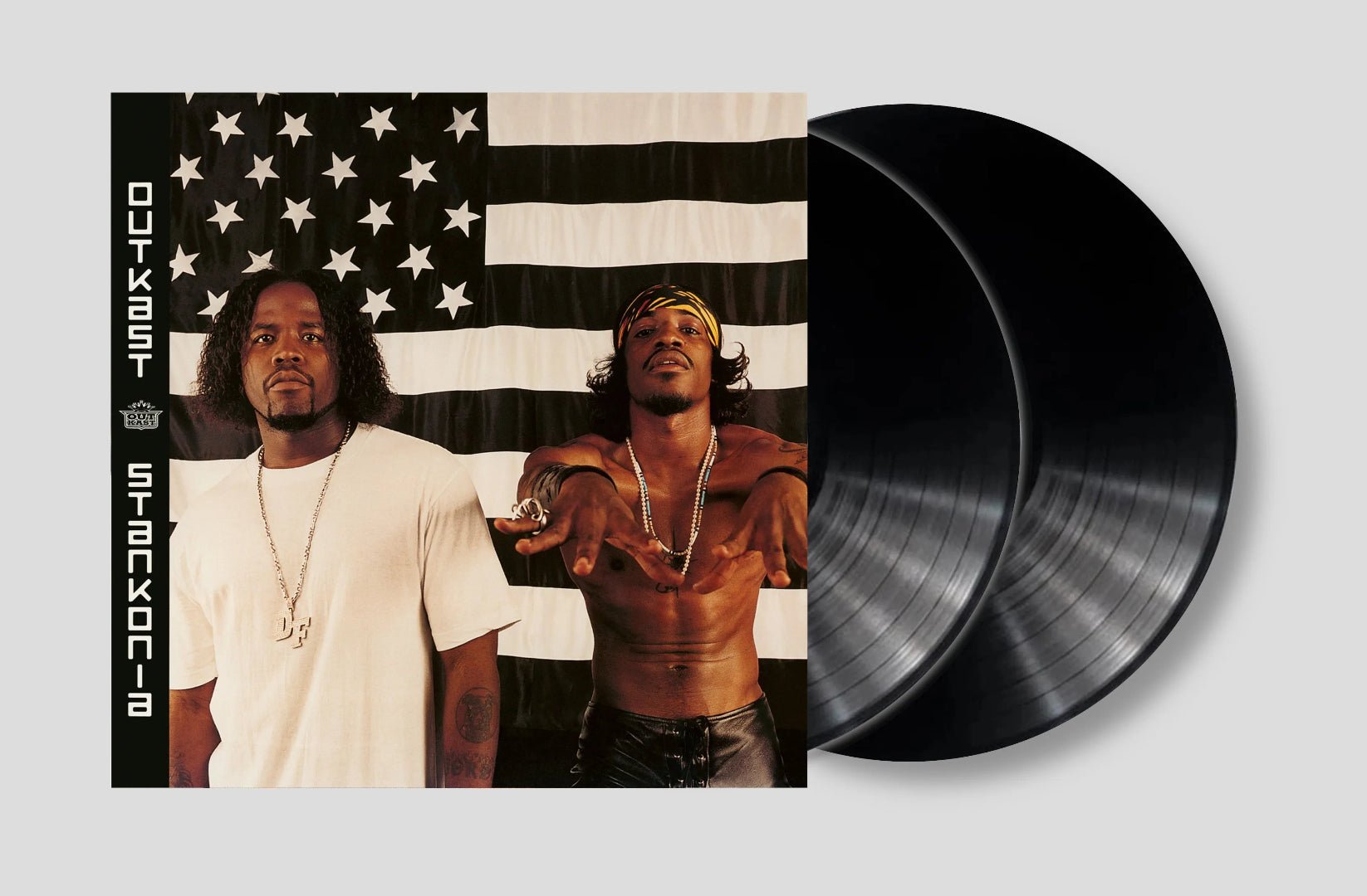 Outkast Stankonia vinyl sleeve showing iconic flag backdrop and the duo standing front