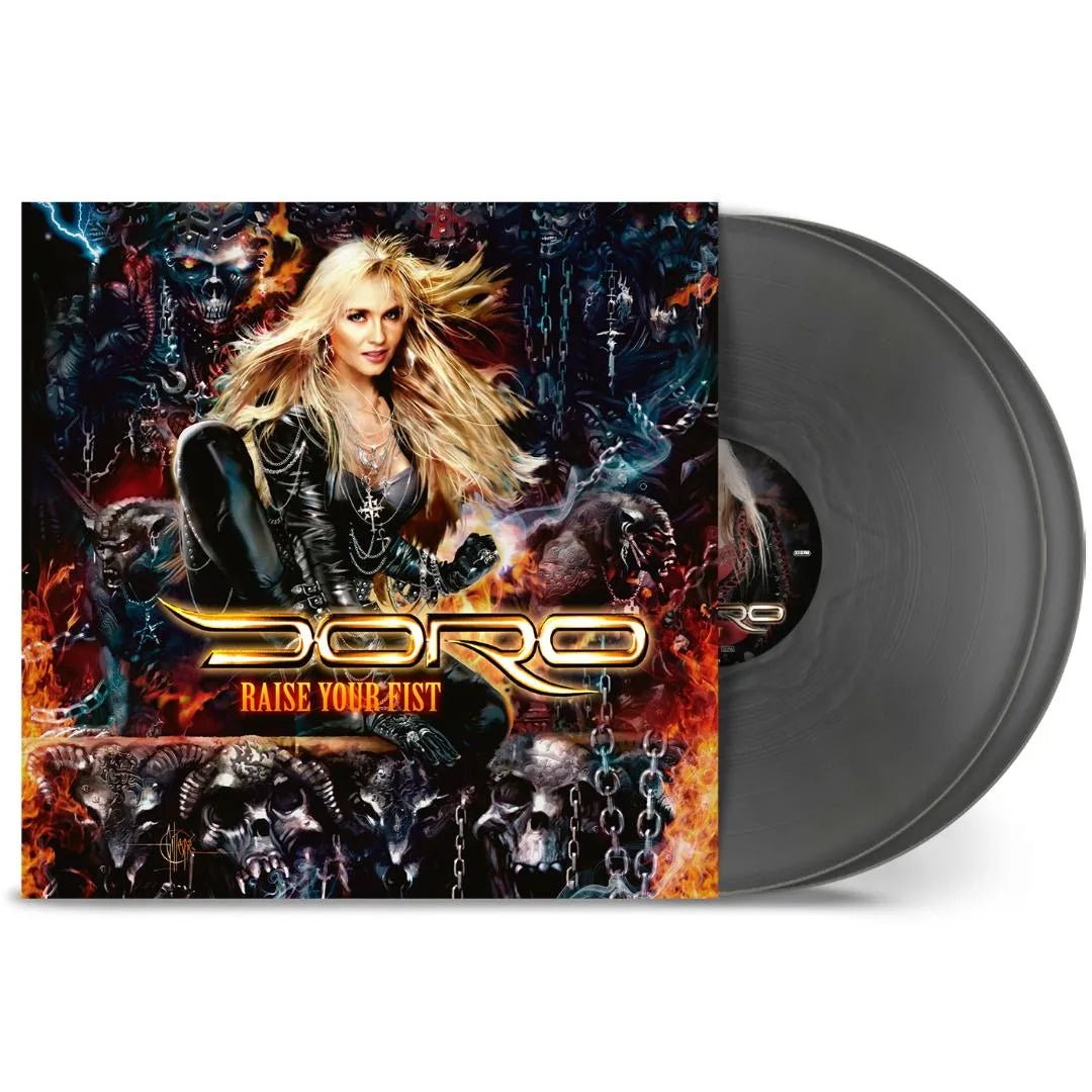Close up silver vinyl record Doro Raise Your Fist double LP metal release