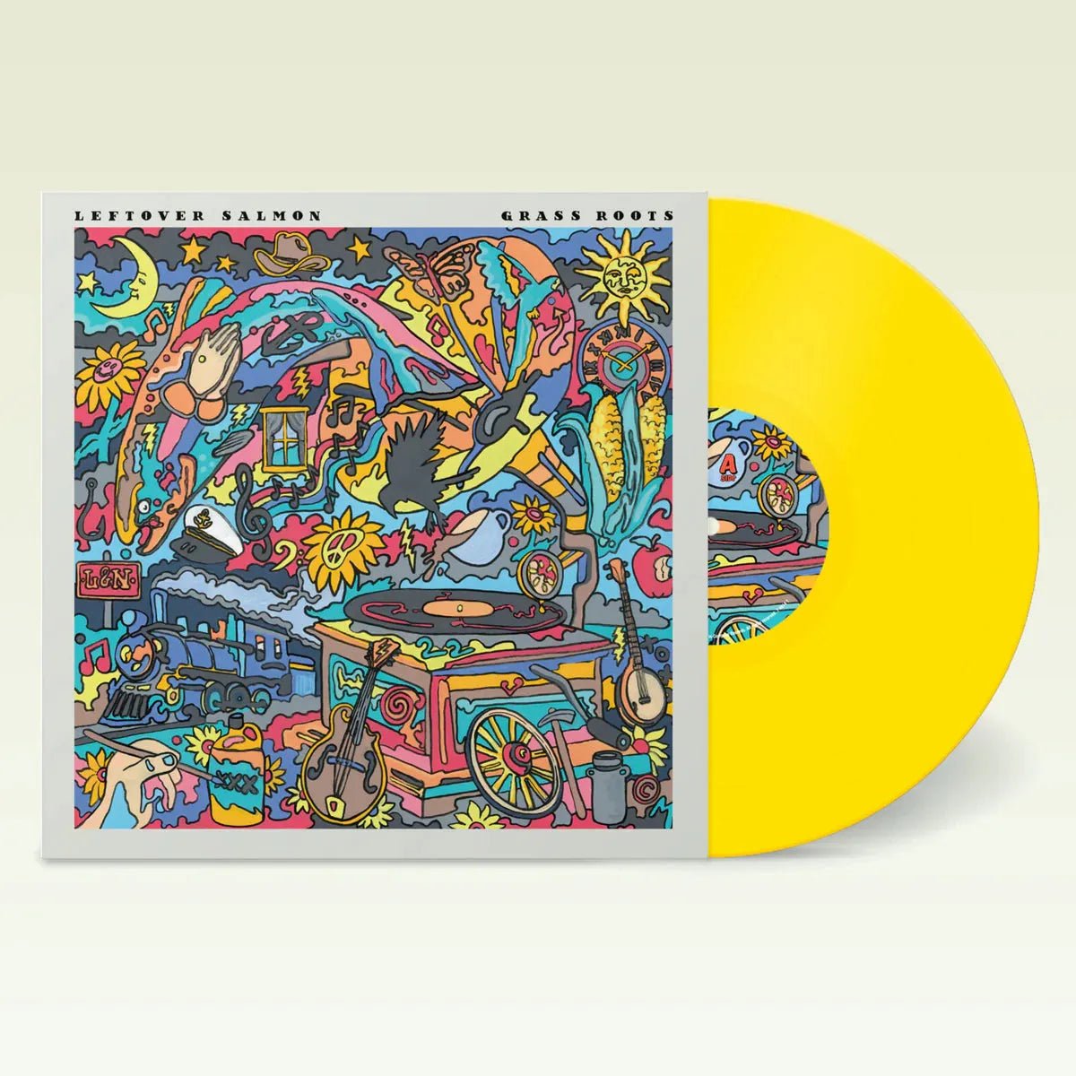 Grass Roots by Leftover Salmon LP yellow vinyl featuring upbeat acoustic jam music