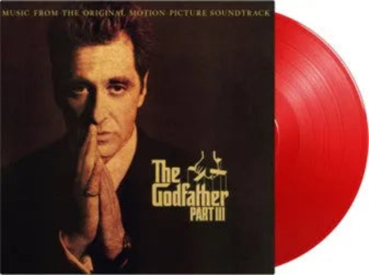 Front cover of The Godfather Part III on translucent red vinyl, iconic mafia film