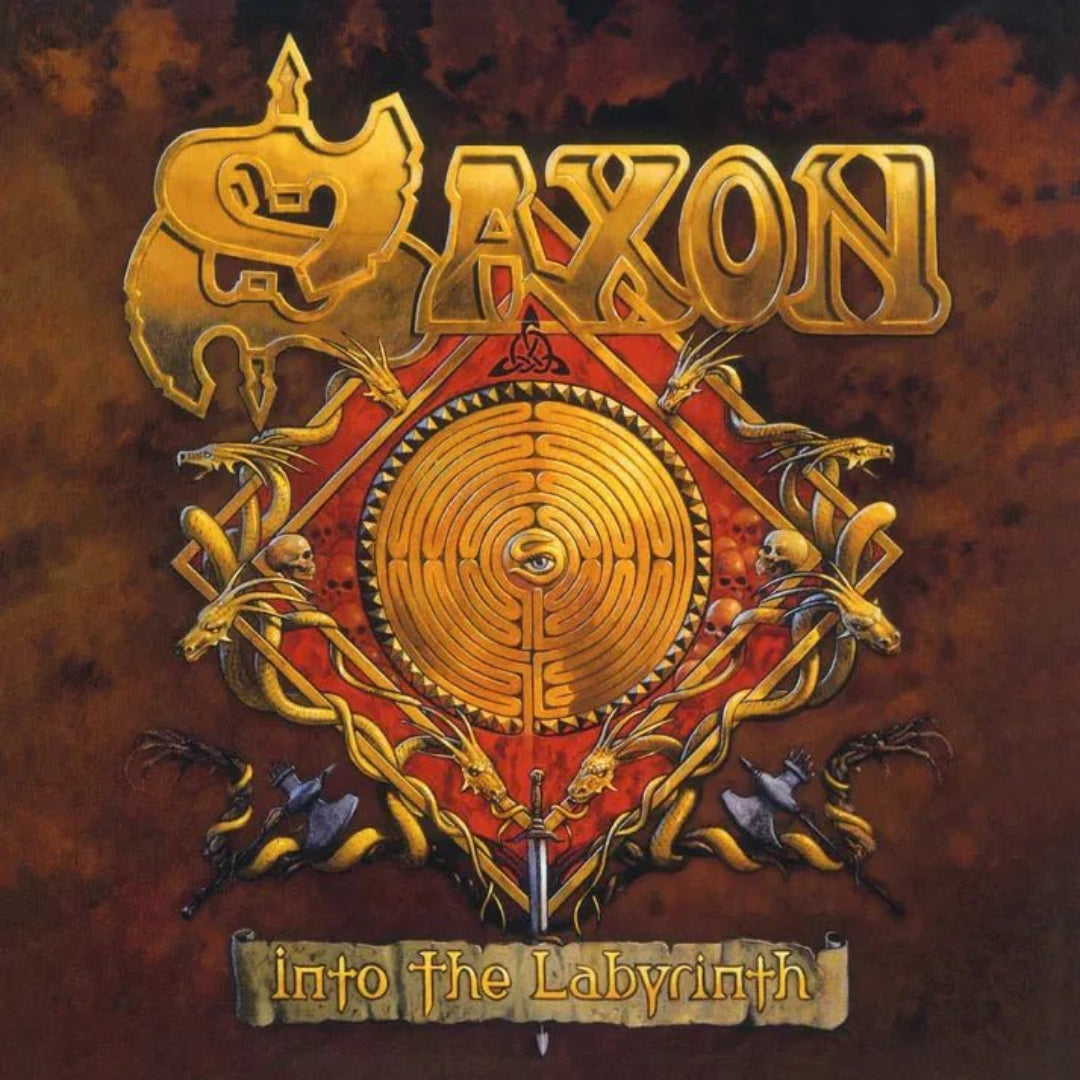 Saxon Into The Labyrinth gold vinyl LP heavy metal album artwork