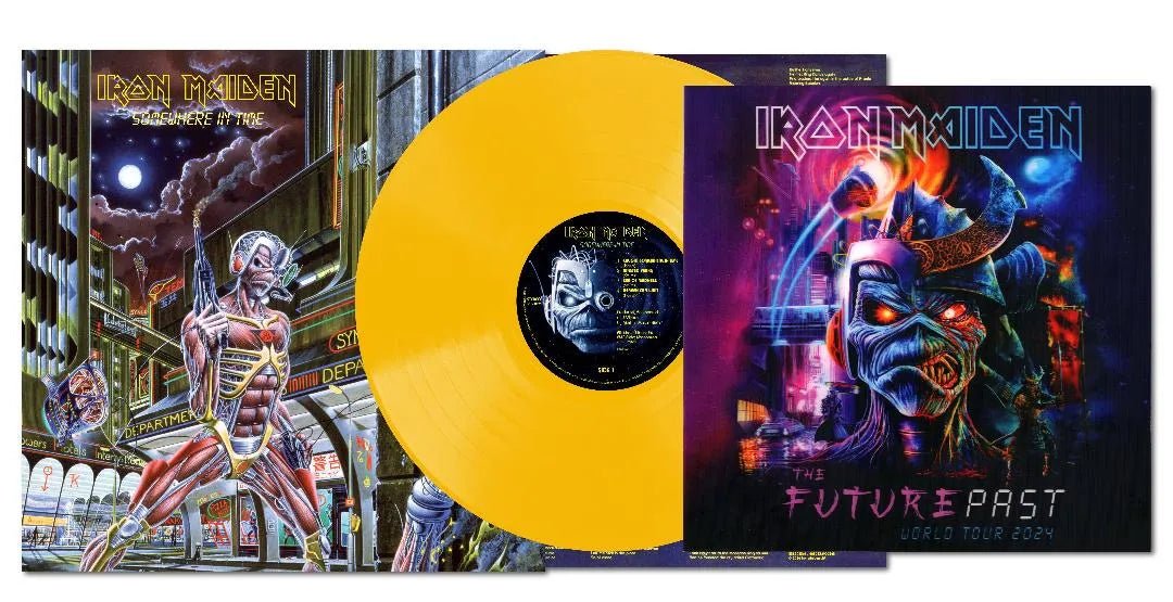 Classic Iron Maiden LP Somewhere In Time featuring sci fi metal sound and style
