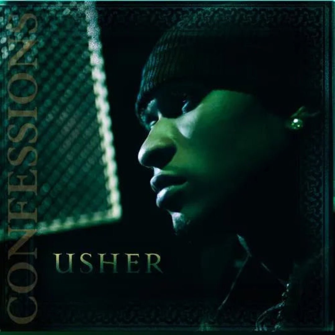 Usher Confessions LP cover featuring close-up portrait and minimalist gold-toned artwork