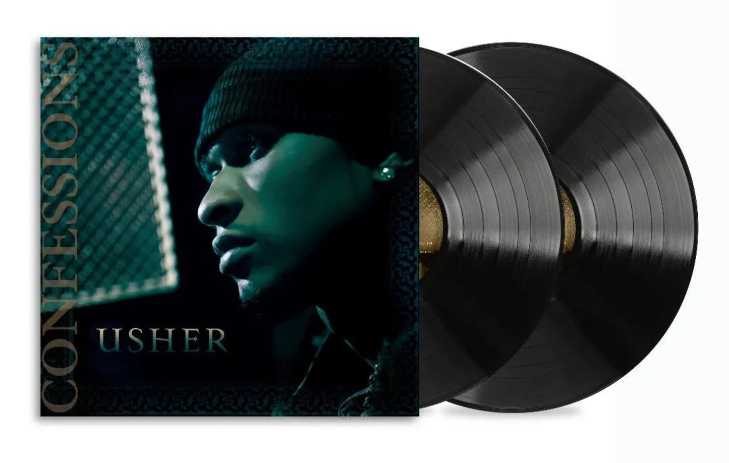 Usher Confessions LP featuring iconic R&B album artwork with gold tones and close portrait
