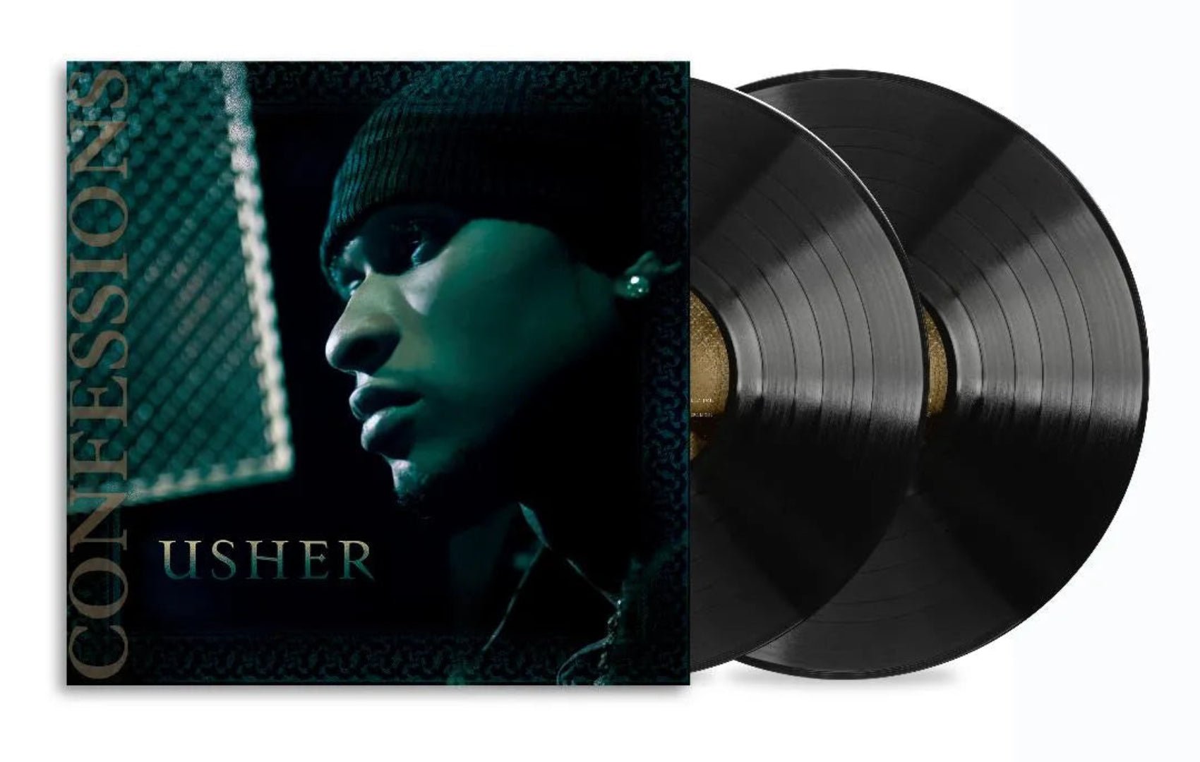 Usher Confessions LP featuring iconic R&B album artwork with gold tones and close portrait