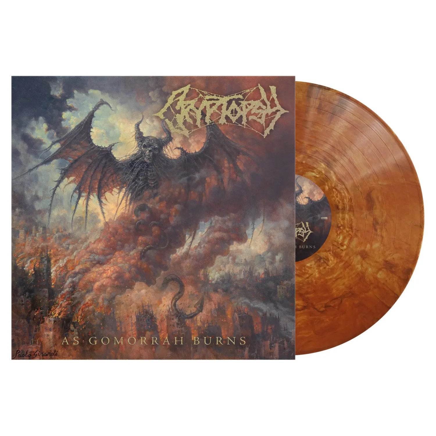 As Gomorrah Burns by Cryptopsy on copper vinyl featuring brutal heavy metal riffs