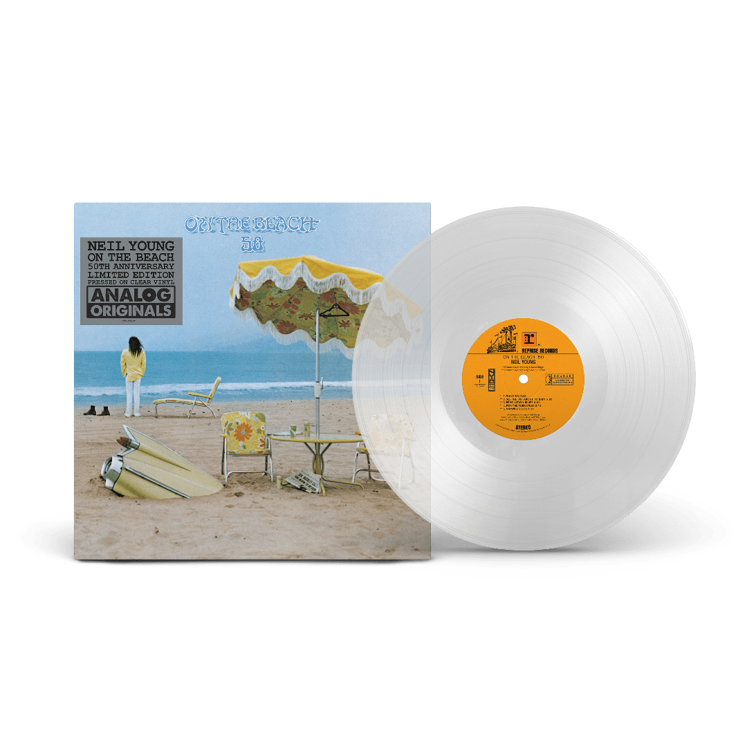 On The Beach Neil Young clear vinyl LP folk rock record sleeve artwork