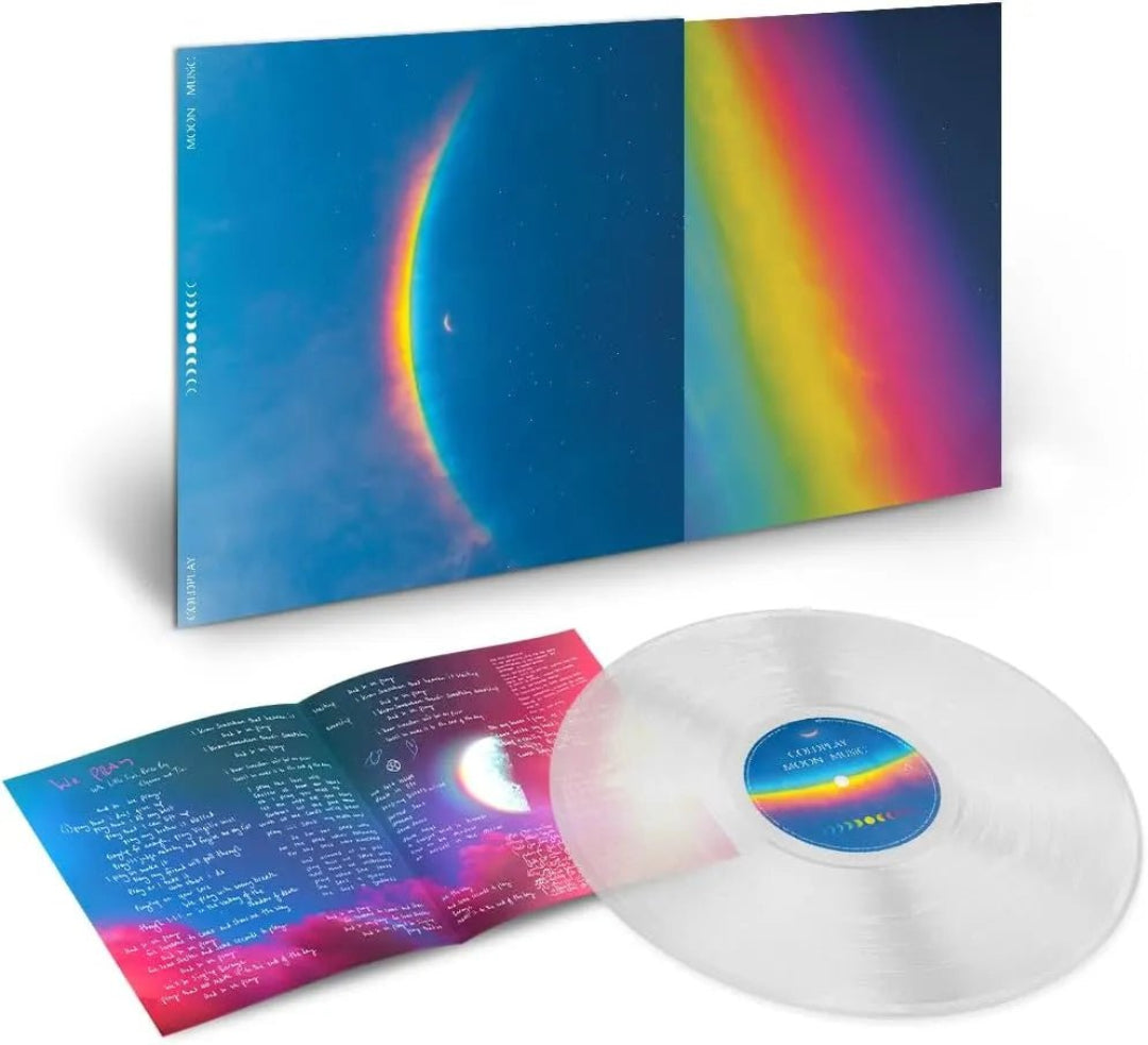 Close up Coldplay LP Moon Music spinning clear eco vinyl record player sound
