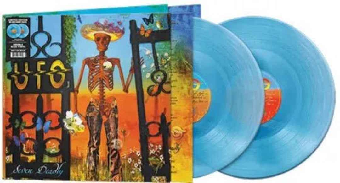 Close up UFO 2LP Seven Deadly spinning blue vinyl hard rock record player
