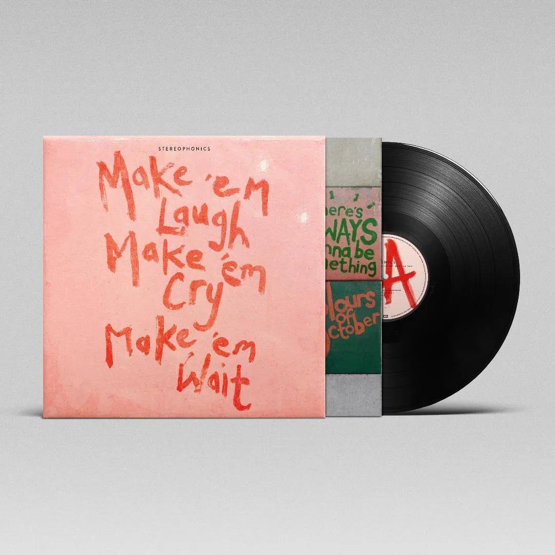 Close-up of LP showing vinyl disc, label, and album cover design details.