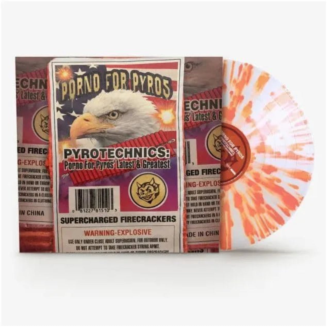 Close-up of Pyrotechnics LP showing disc colours, label, and cover artwork details.