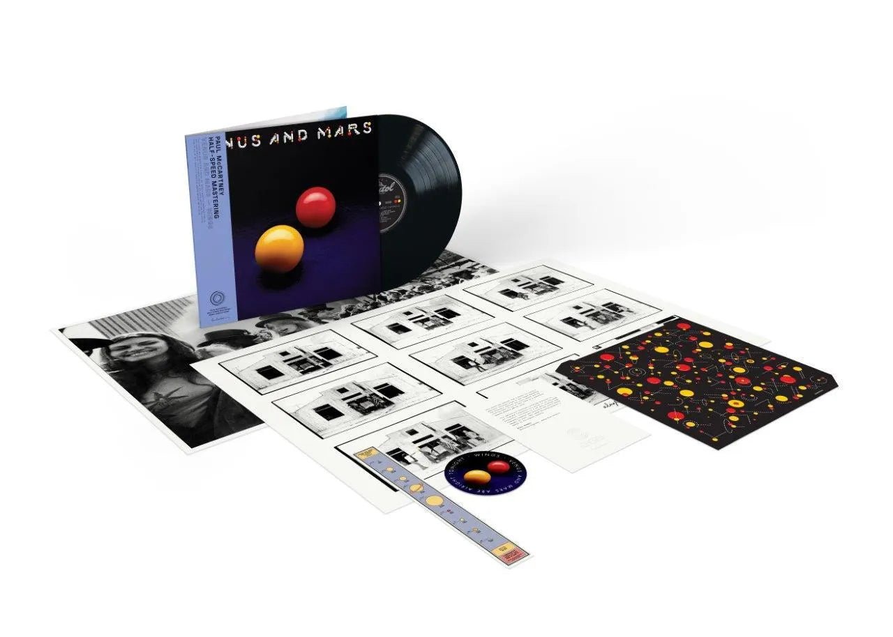 Close-up of Venus and Mars LP showing half-speed master vinyl disc and details.