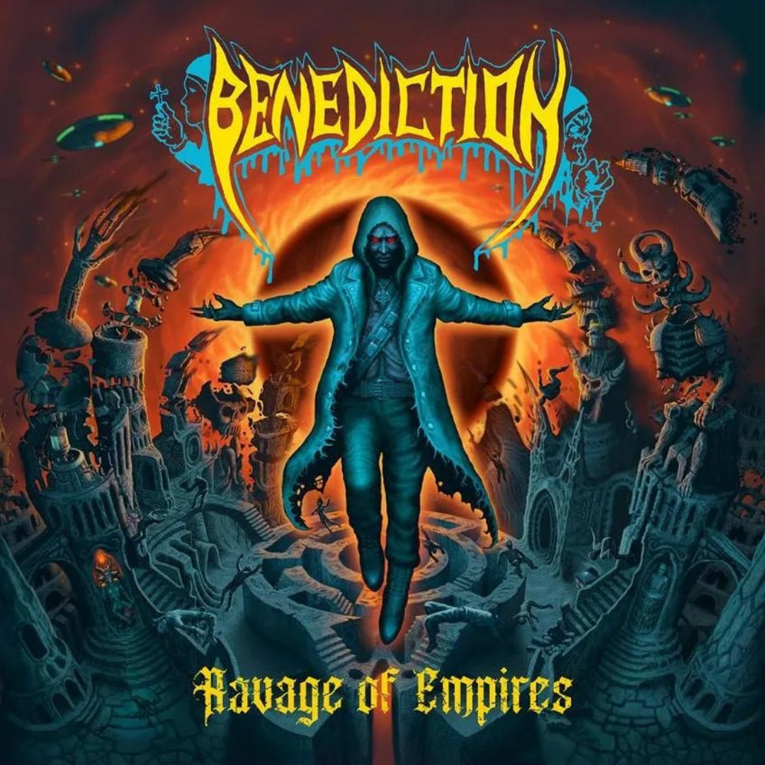 Album cover of BENEDICTION’s Ravage Of Empires showing dark, detailed death metal artwork.