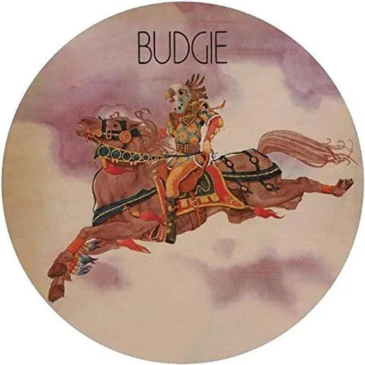 A picture disc vinyl record of the band Budgie with an illustration of a character on horseback on the label.