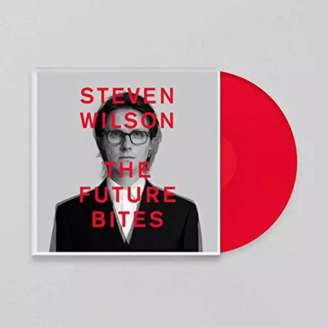 Close‑up of The Future Bites red vinyl record with grooves and label details