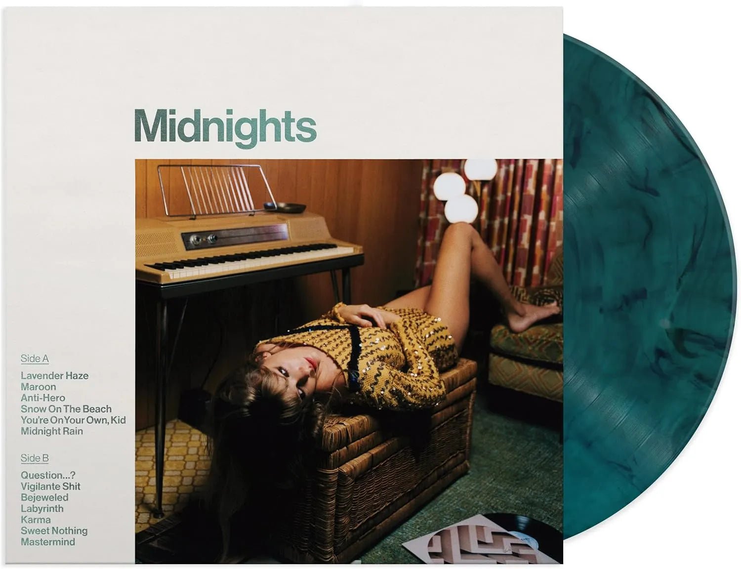 Midnights jade green marbled LP by Taylor Swift vinyl record display image