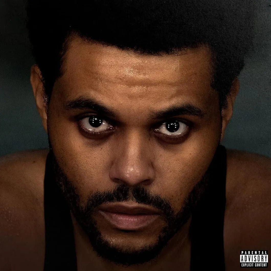 The Weeknd Hurry Up Tomorrow vinyl LP front cover featuring Abel Tesfaye close-up.