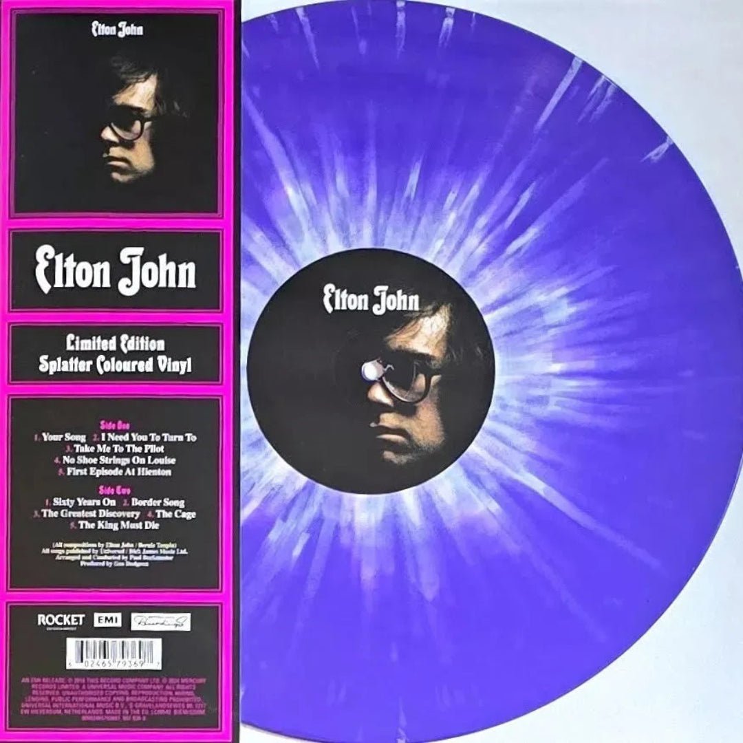 Elton John LP in vibrant purple splatter vinyl displayed with album sleeve.