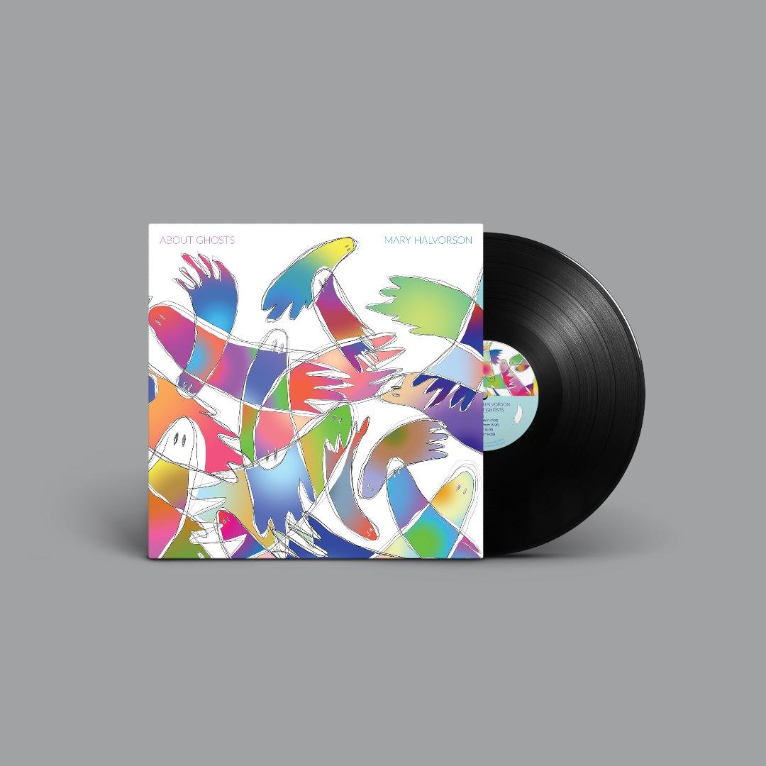 Album cover of Mary Halvorson’s About Ghosts featuring abstract artwork and modern jazz aesthetics