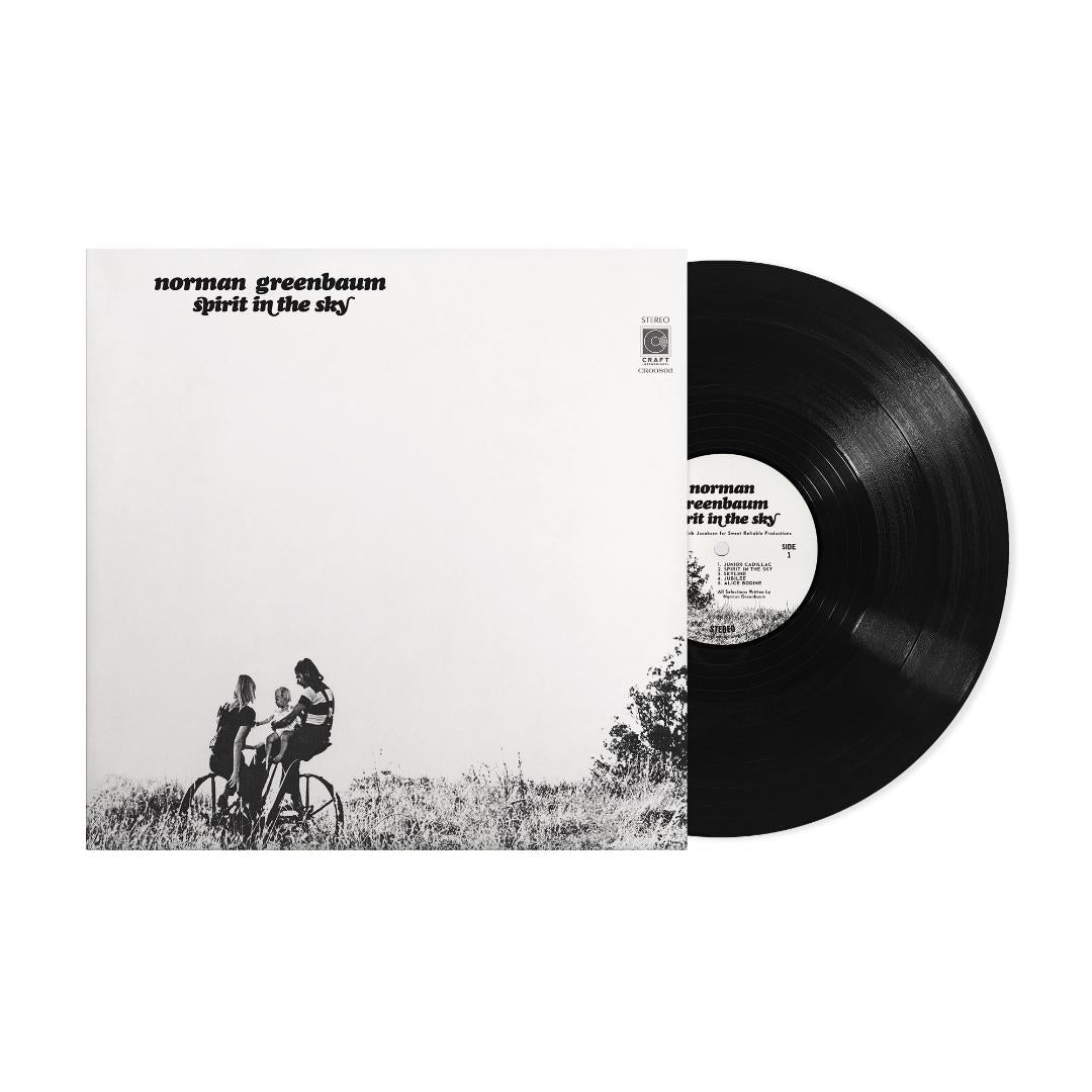Front cover of Norman Greenbaum’s 1969 album Spirit in the Sky, reissued on vinyl in a vintage-style jacket.
