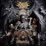 Album cover art for Signs of the Swarm featuring a dark and intricate design with human skulls and industrial-style decorations.
