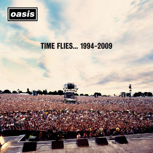 Oasis singles collection spanning 1994 to 2009, including remastered tracks like “Supersonic” and “Falling Down”.